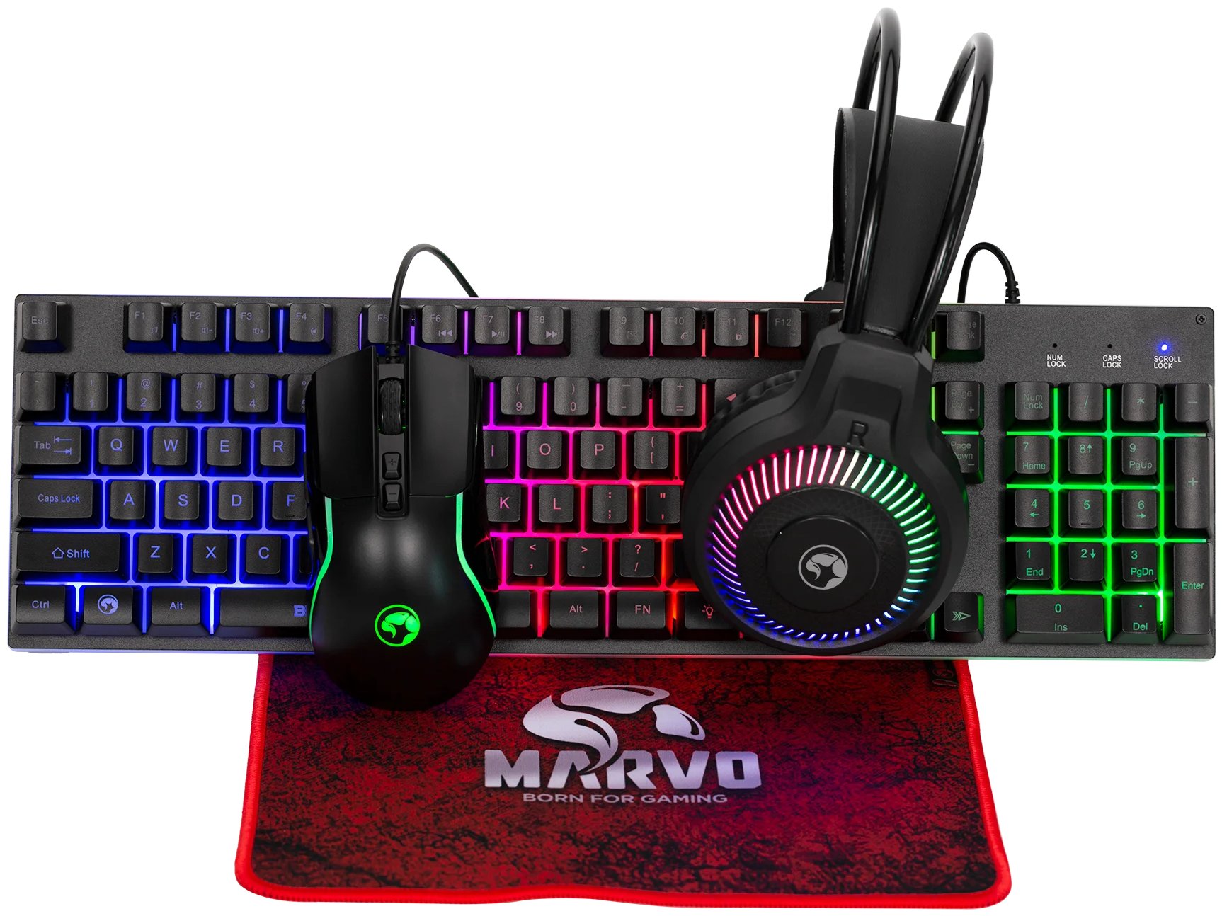 Set gaming Marvo Loot 40 CM416, tastierë RGB, maus 8000 dpi, kufje me mikrofon, mauspad i zi