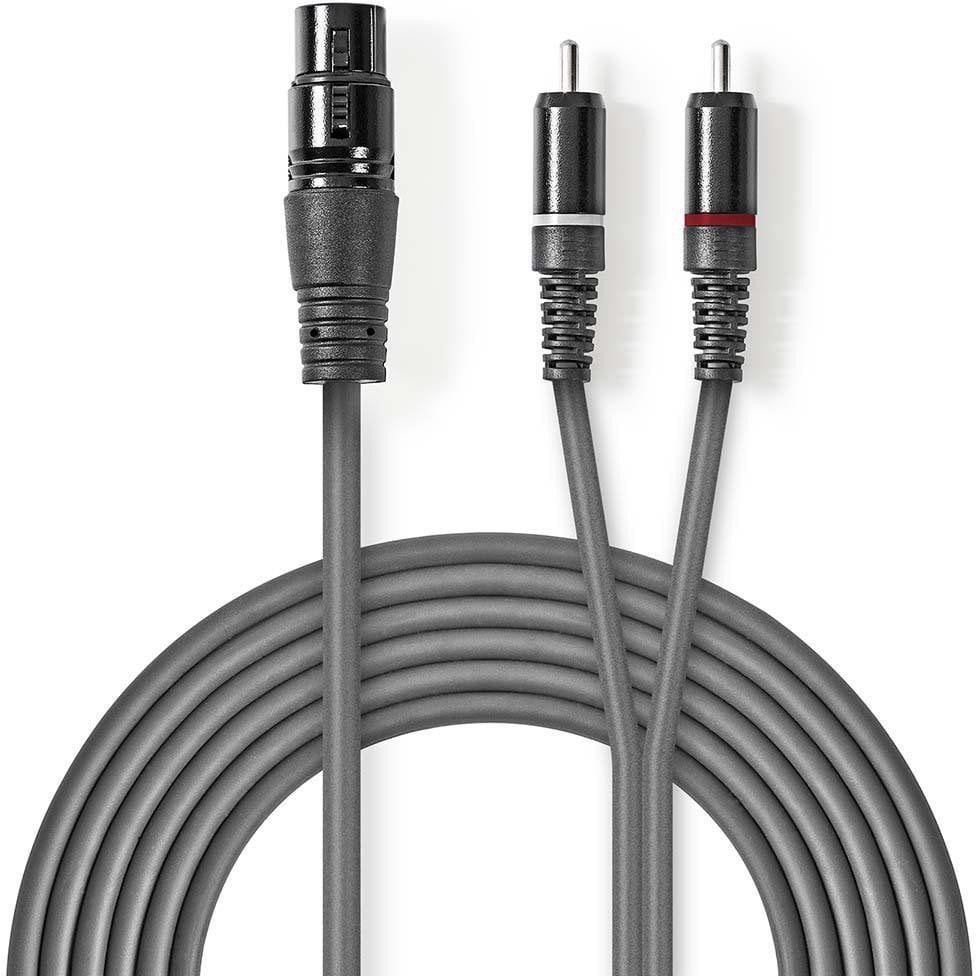 Kabllo audio Nedis XLR, XLR 3 pin femër në 2x RCA mashkull, 3m, gri