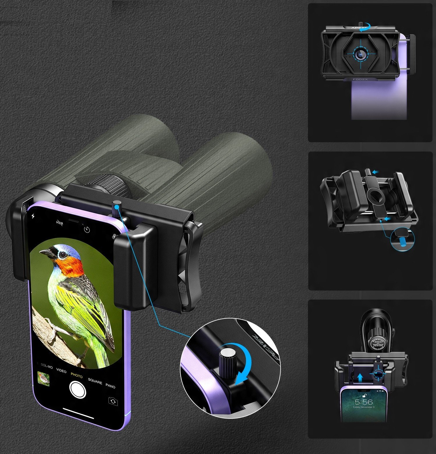 Adapter telefoni Apexel, për dylbi dhe teleskop, rrotullim 360°, i zi