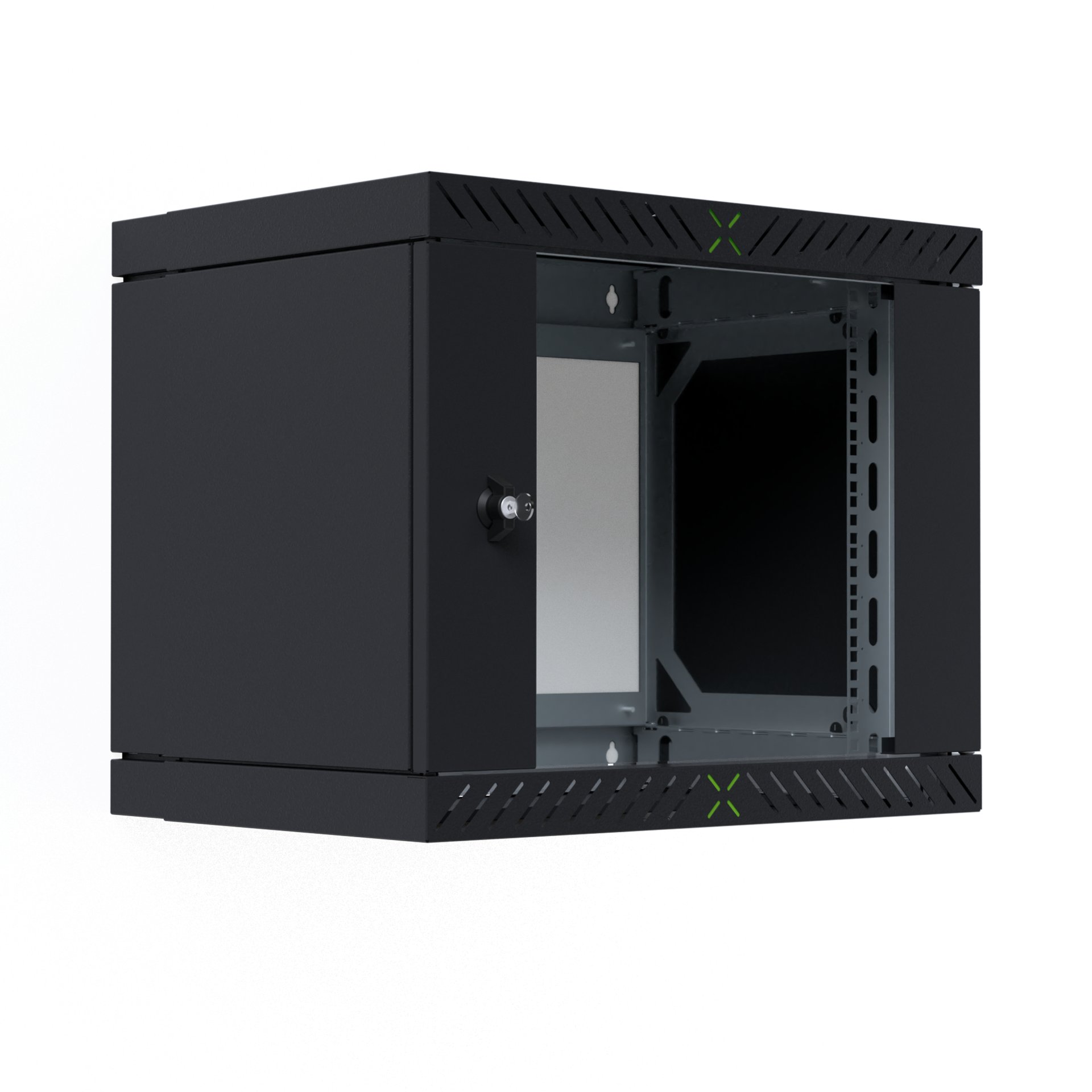 Kabinet muri X-Rack 9U, derë xhami, thellësi 400-600mm, i zi