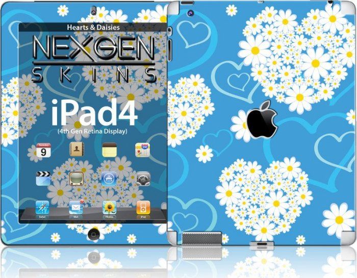 Skin mbrojtës Nexgen Skins Hearts and Daisies 3D për iPad 2 3 4, set përpara dhe mbrapa, blu e hapur
