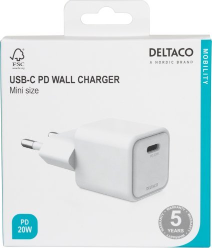 Karikues muri Deltaco USB C Mini, 1x USB C PD, 20W, i bardhë