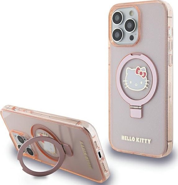 Maskë telefoni Hello Kitty RingStand Glitter LogoCase për iPhone 15 Pro Max, mbrojtëse, rozë