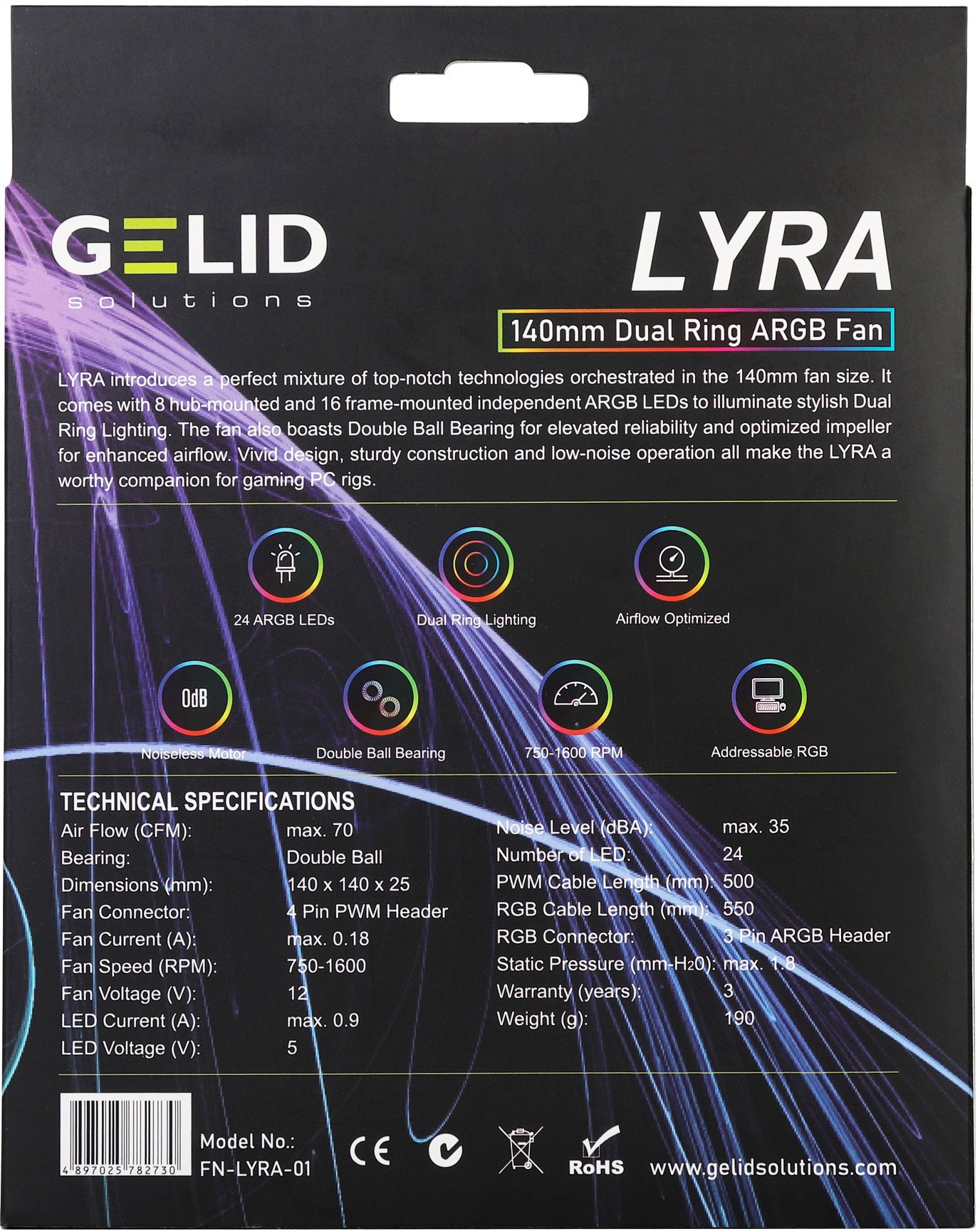 Вентилатор за куќиште PC Gelid FN-LYRA-01, 140mm, ARGB, црн