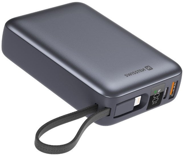 Power bank Swissten, 20000 mAh, 22.5W, me kabllo USB-C dhe Lightning, argjendtë space