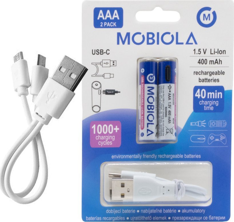 Bateri të rikarikueshme Mobiola MBAAA400, AAA, 400mAh, USB C