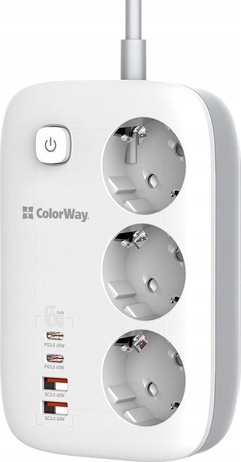 Мултифункционална приклучница ColorWay CW-CHE34PDW, 4x USB, 2m, бела