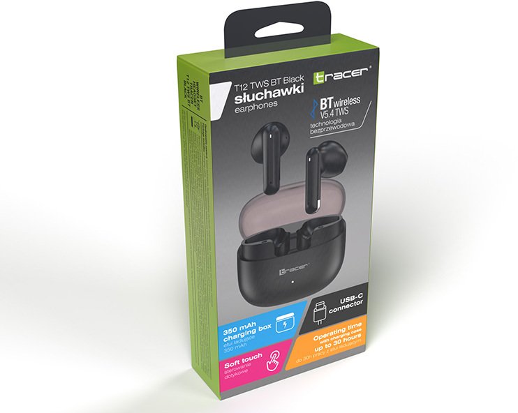 Kufje pa tela Tracer T12 TWS, Bluetooth, in ear, të zeza