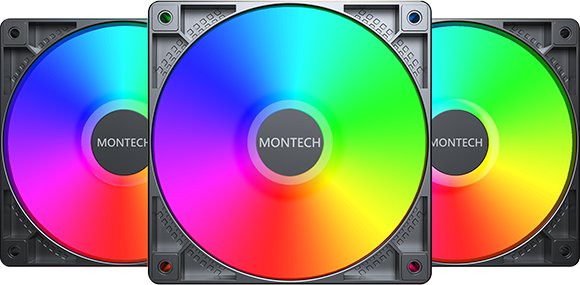 Кулер вентилатори Montech GF120 ARGB PWM, 120mm, сет 3 парчиња со фан хаб, црни