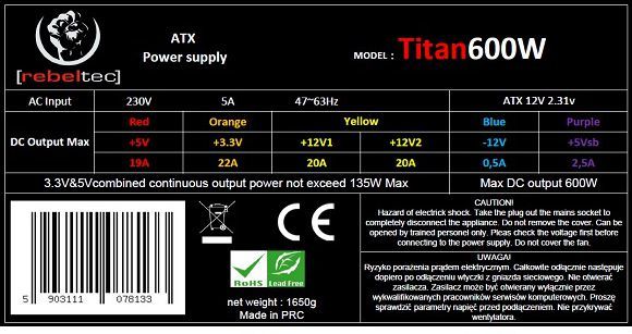 Burim energjie Rebeltec Titan RBLZAS00005 ATX, 600W