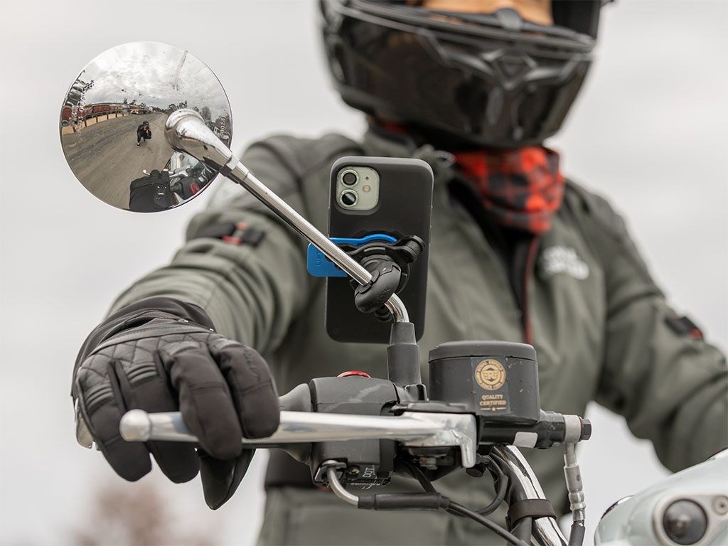 Mbajtës telefoni për motor Quad Lock, montim në pasqyrë, najlon i përforcuar, i zi