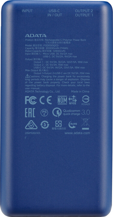 Powerbank ADATA P20000QCD, 20000mAh, i kaltër
