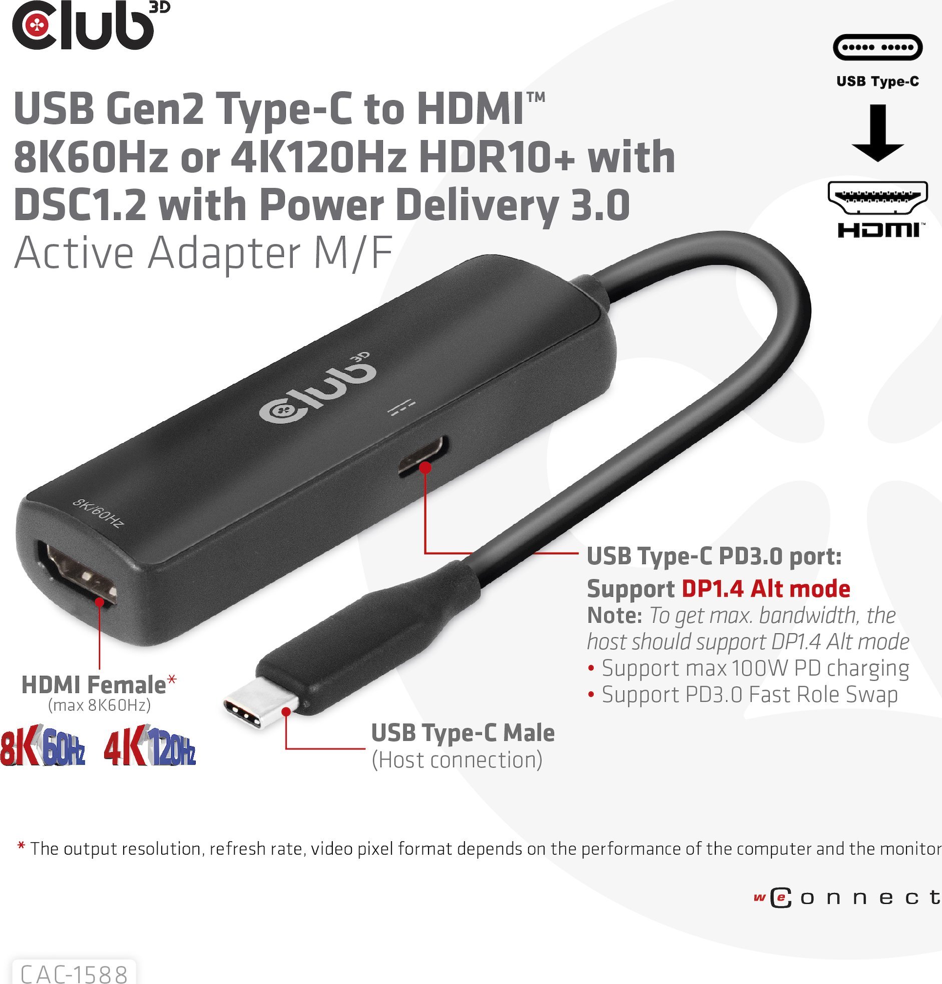 Adapter USB C në HDMI Club 3D CAC 1588, 8K 60Hz, 4K 120Hz, i zi