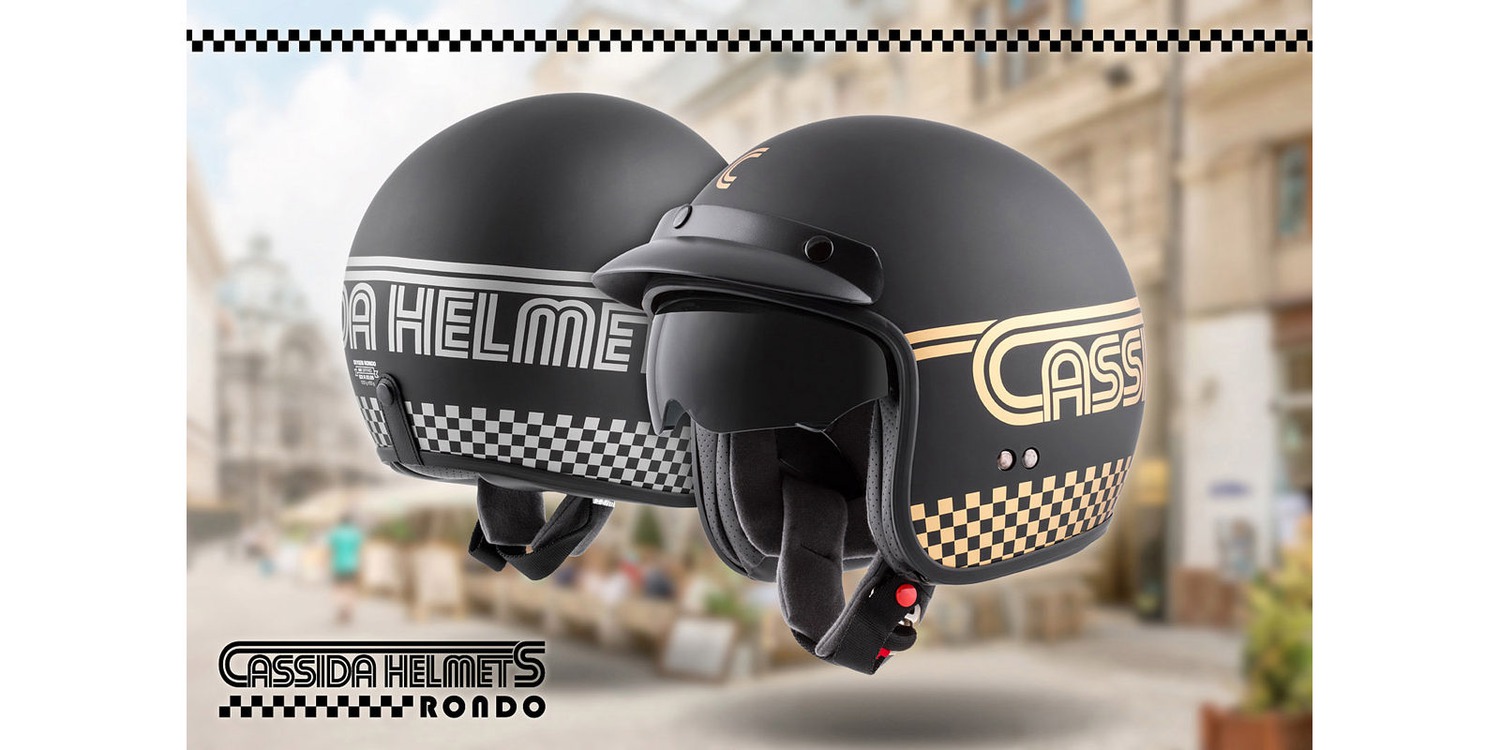 Helmetë moto CASSIDA Oxygen Rondo, polikarbonat, visor dielli, e zezë mat me të artë