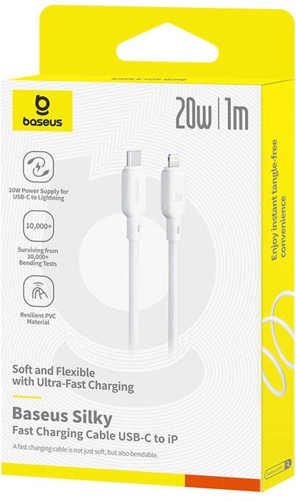 Kабел за полнење Baseus Silky Series, Type C во Lightning, 20W, 2m, бел