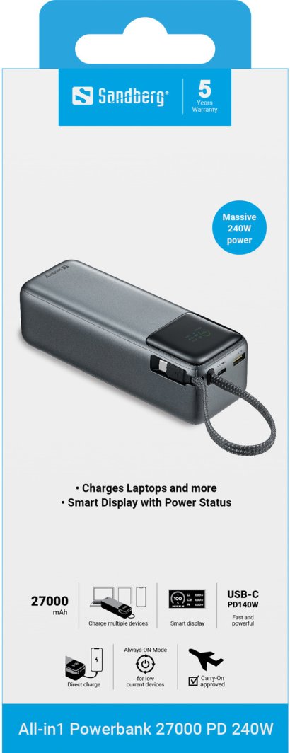 Powerbank Sandberg All-in1, 27000 mAh, 240W PD, USB-C, USB-A, i kaltër