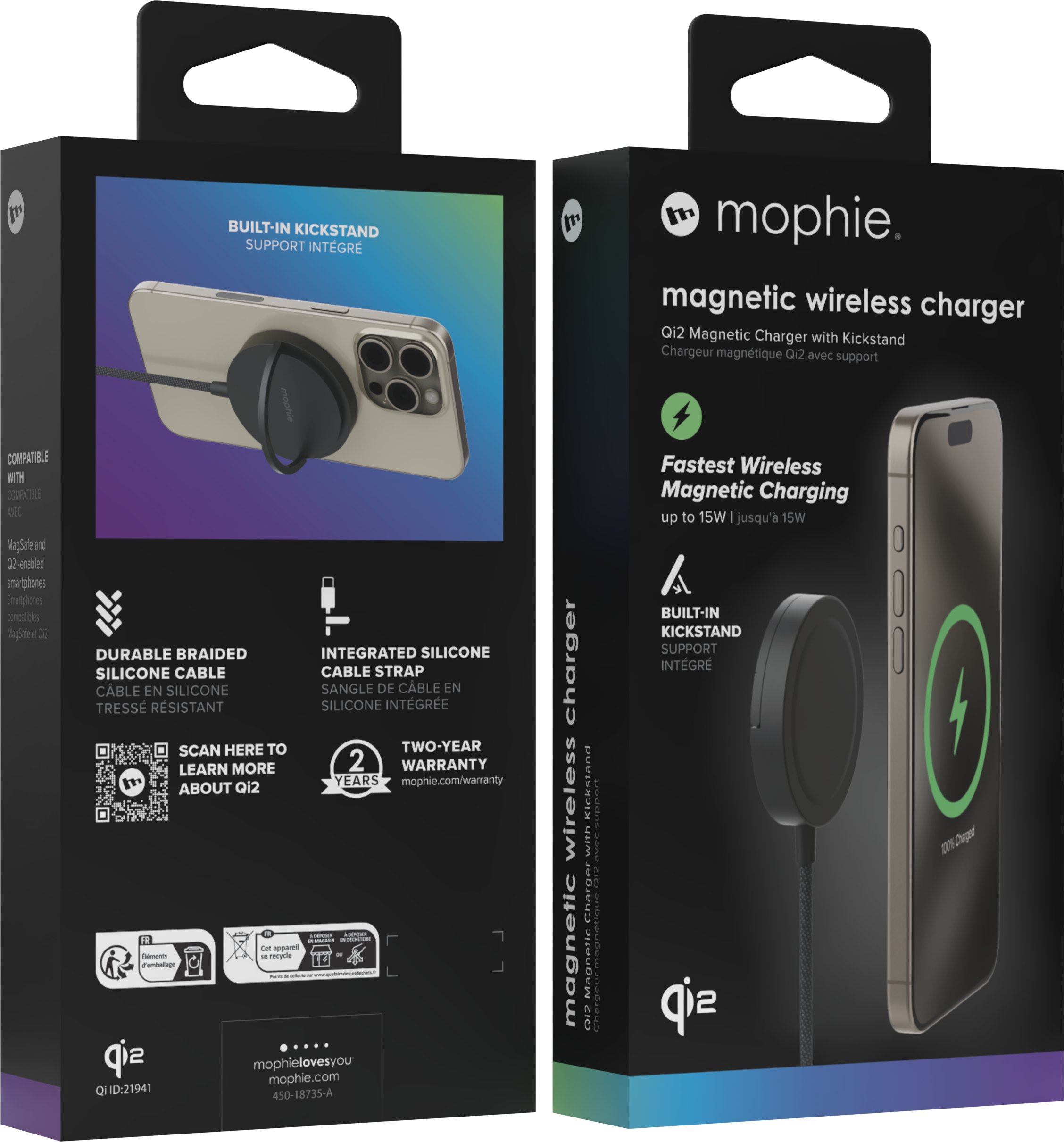 Karikues wireless Mophie Qi2 me magnet dhe mbajtëse, 15W, i zi