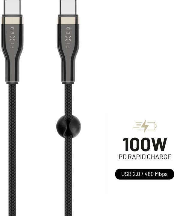 Kabllo për karikim dhe të dhëna FIXED USB-C - USB-C, USB 2.0, PD 100W, 2m, e zezë