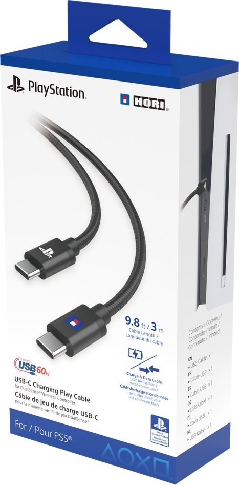 Kabllo karikimi HORI USB C Play, 3m, për DualSense, e zezë
