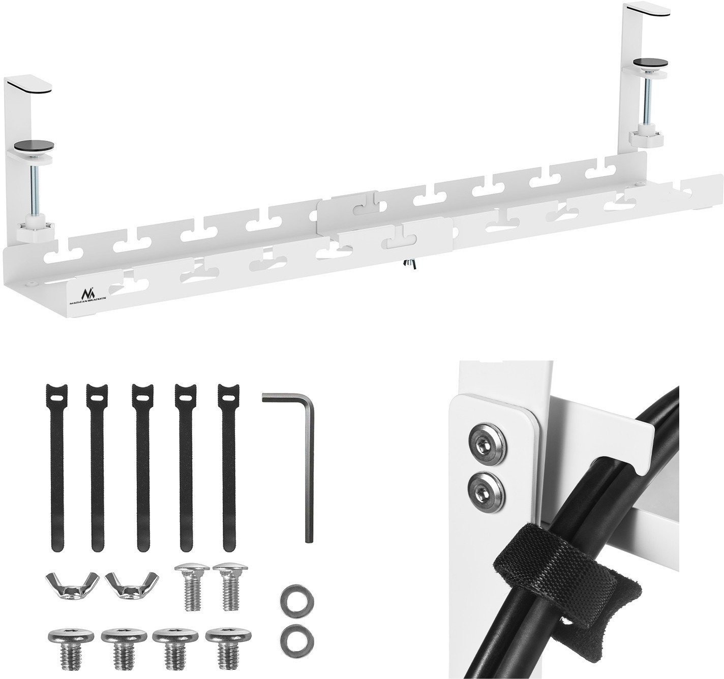 Organizues kabllosh nën tavolinë Pull Out, 728mm, kapacitet 5kg, i bardhë