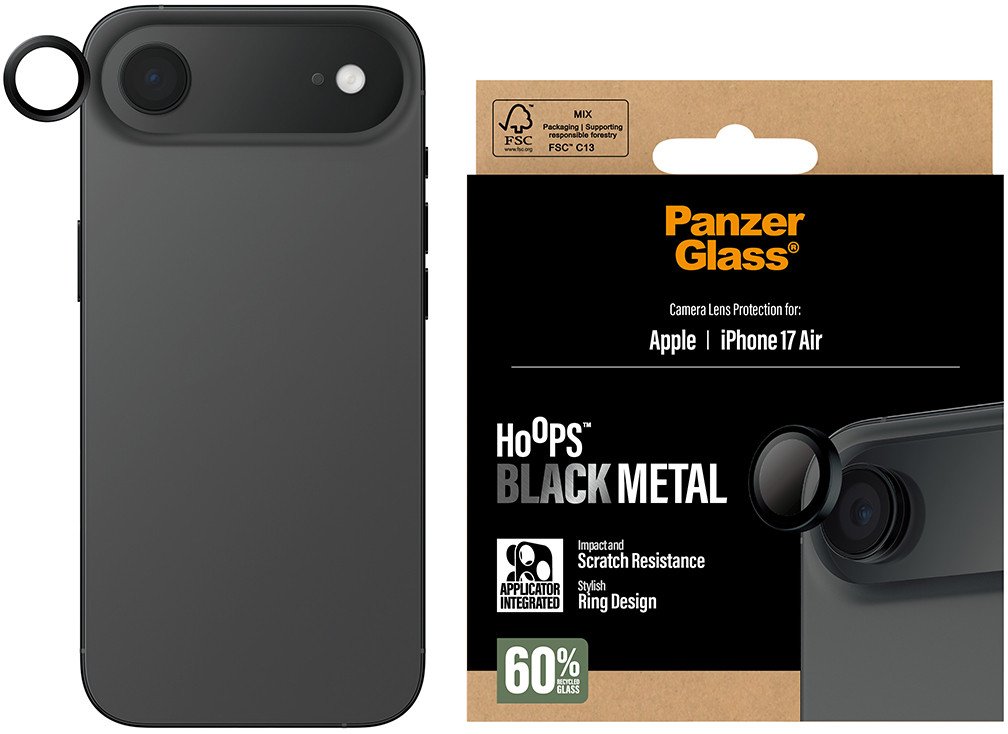 Mbrojtëse kamerë PanzerGlass Hoops, për iPhone Air, xham i temperuar, unaza metalike, e zezë