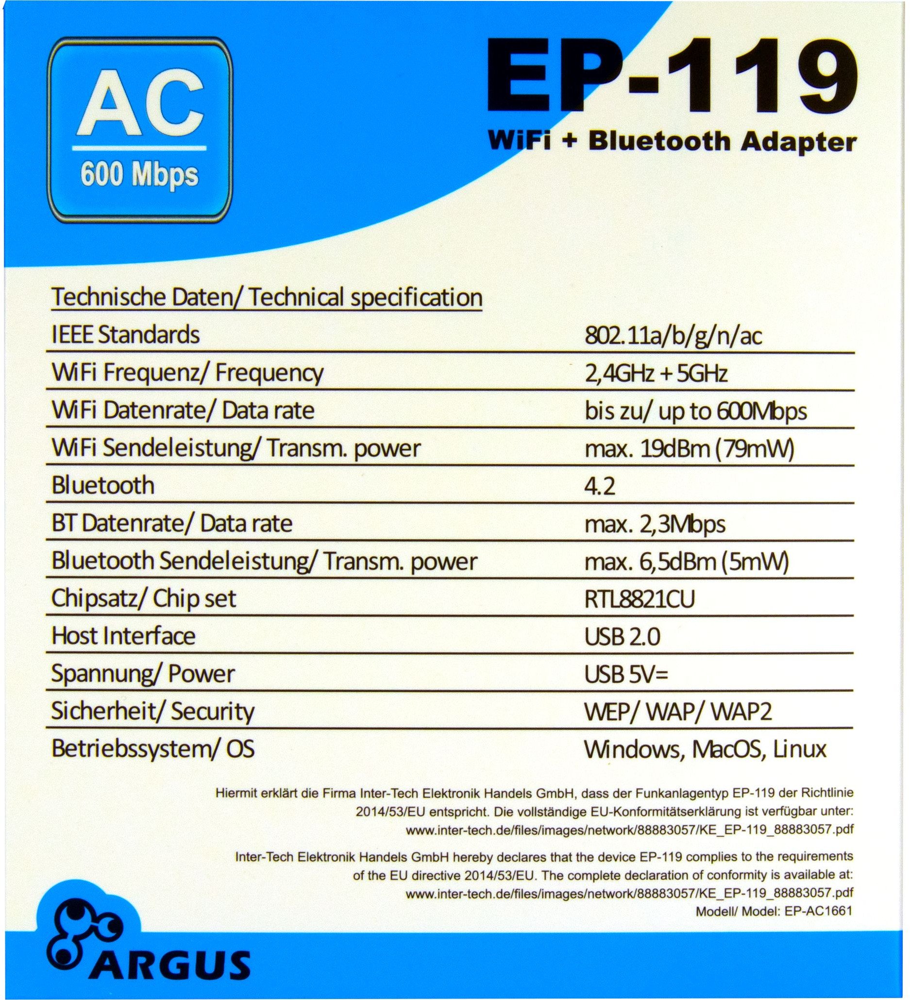 Adapter Wi-Fi Inter-Tech Argus EP-119, USB, Wi-Fi 5, Bluetooth 4.2, i zi