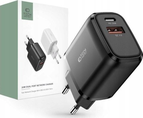 Мрежен полнач Tech-Protect C20W, 1x USB-A, 1x USB-C, бел