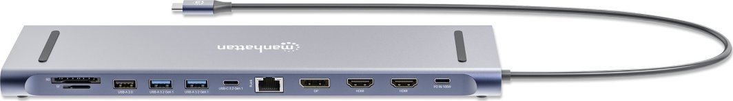USB-C док Манхатон 12‑во‑1, 3x 4K, Power Delivery 100W, сив