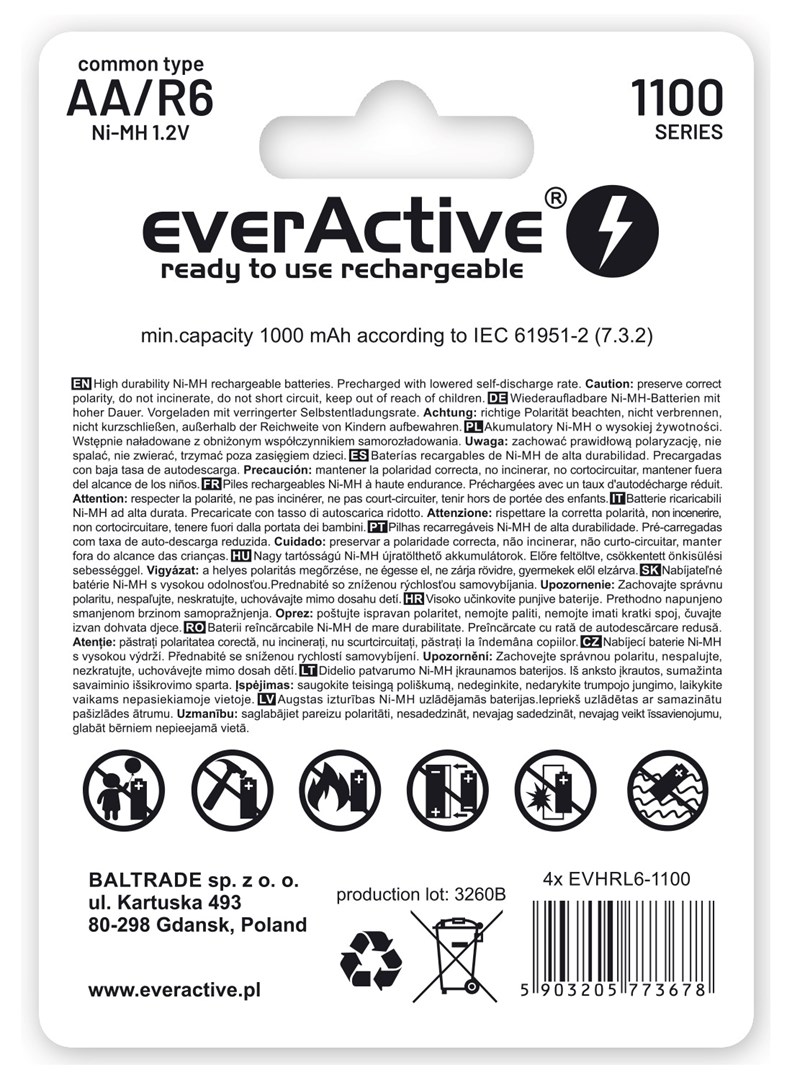 Bateri të rikarikueshme EverActive Infinity Line AA R6, 1000 mAh, paketim 4 copë, jeshile