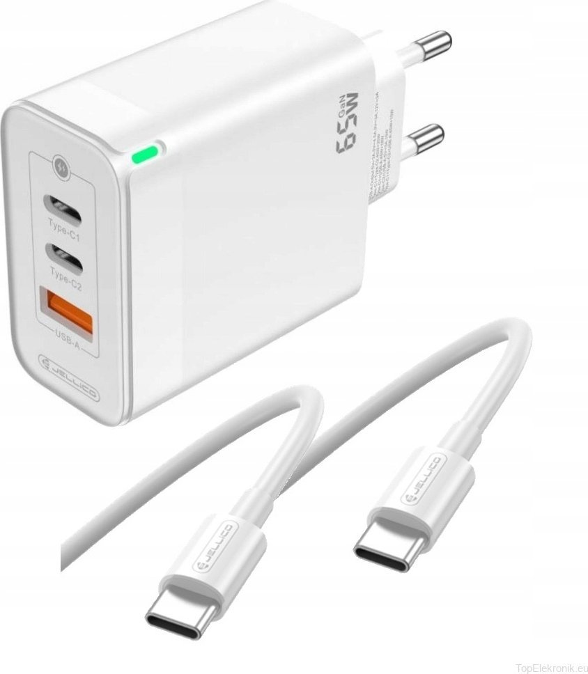 Karikues rrjeti GaN 65W, 2x USB C, USB A, me kabllo USB C