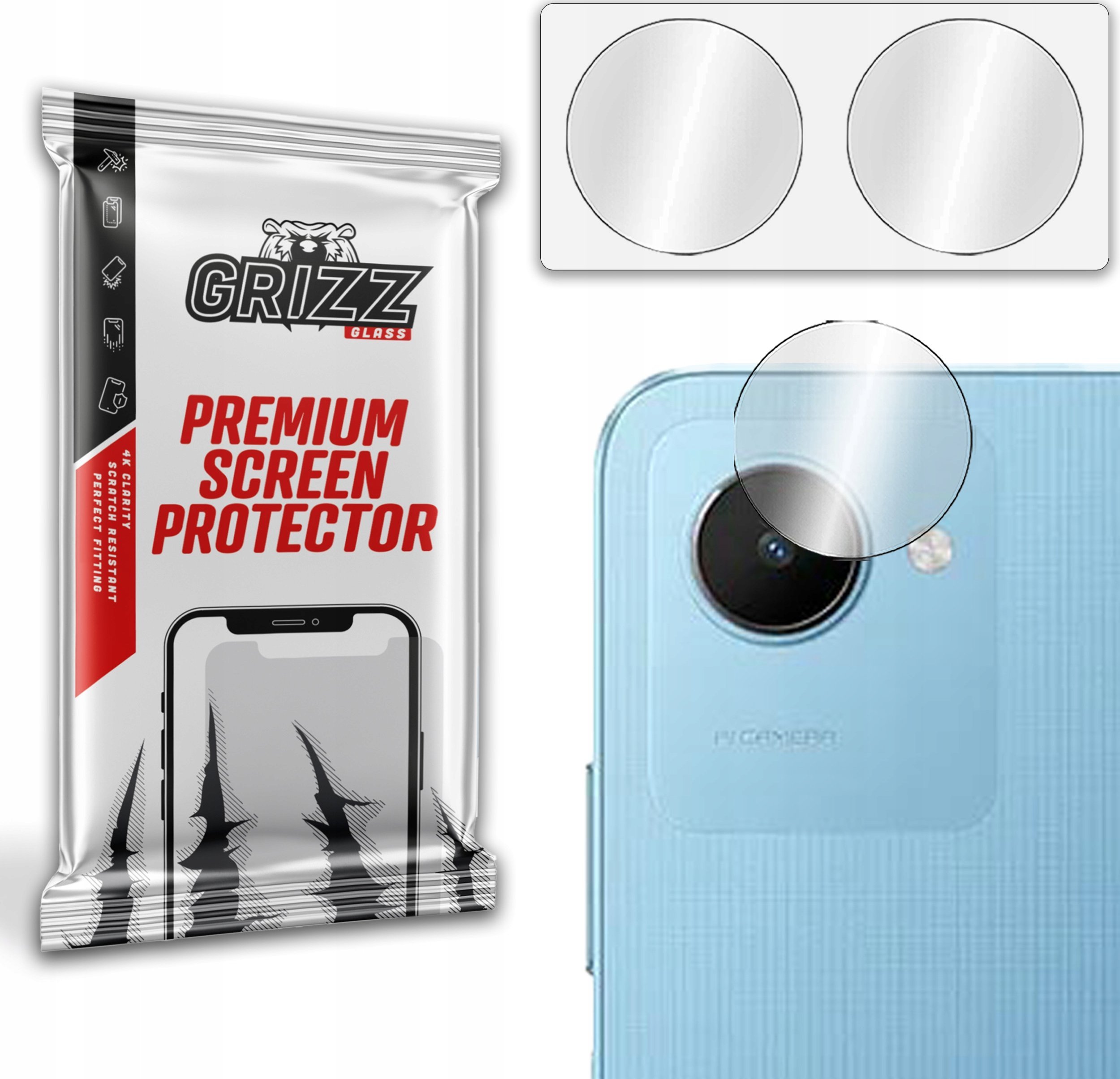 Mbrojtës kamerë GrizzGlass për Realme C30s, HybridGlass, 2 copë, transparent