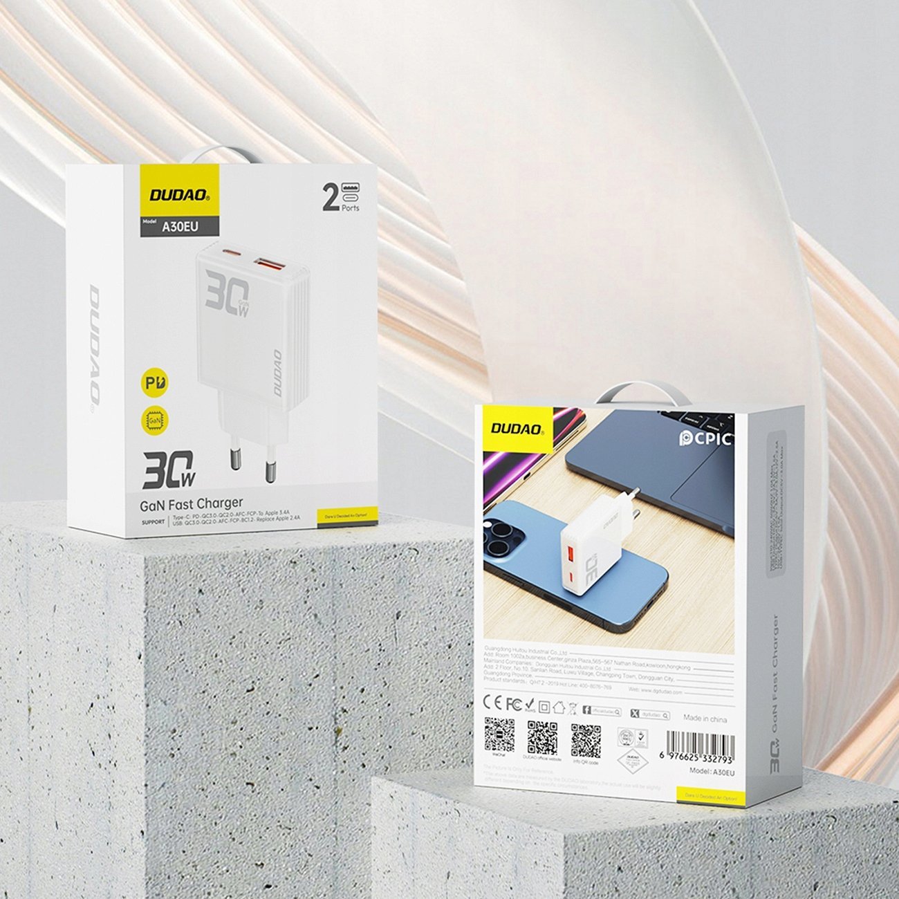 Полнач за мрежа Dudao A30EU GaN, 30W 3A, USB A и USB C, бел