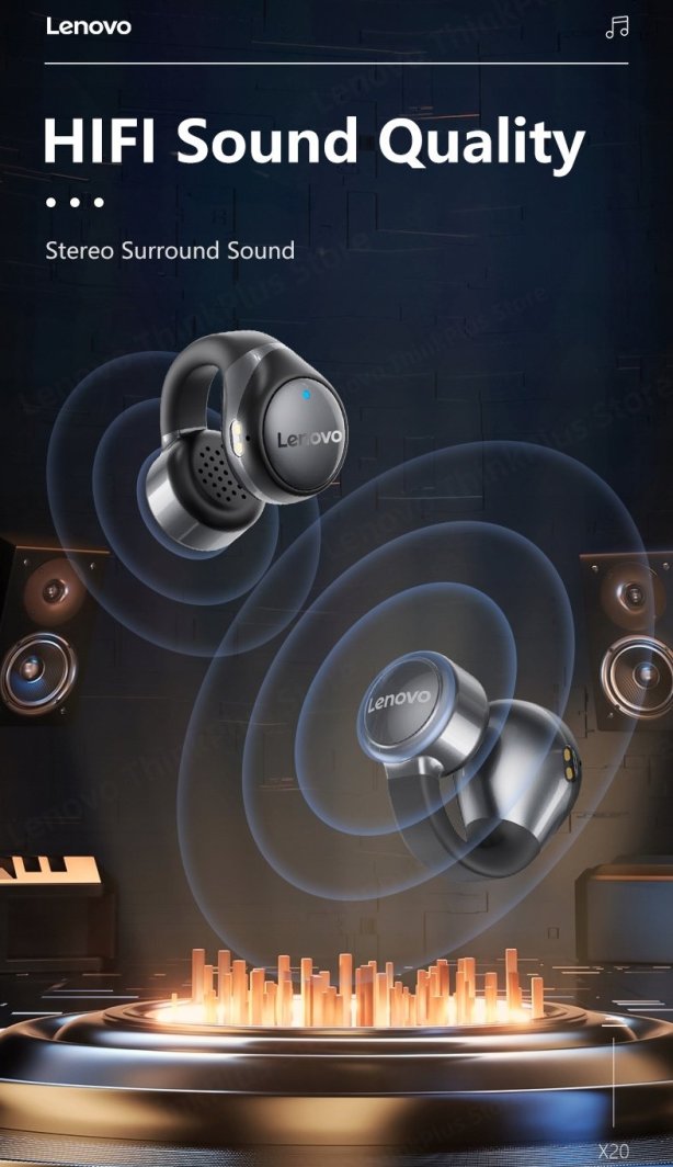 Dëgjuese Lenovo X20 Ear Clip TWS, 6 orë, 10m, me mikrofon, të zeza