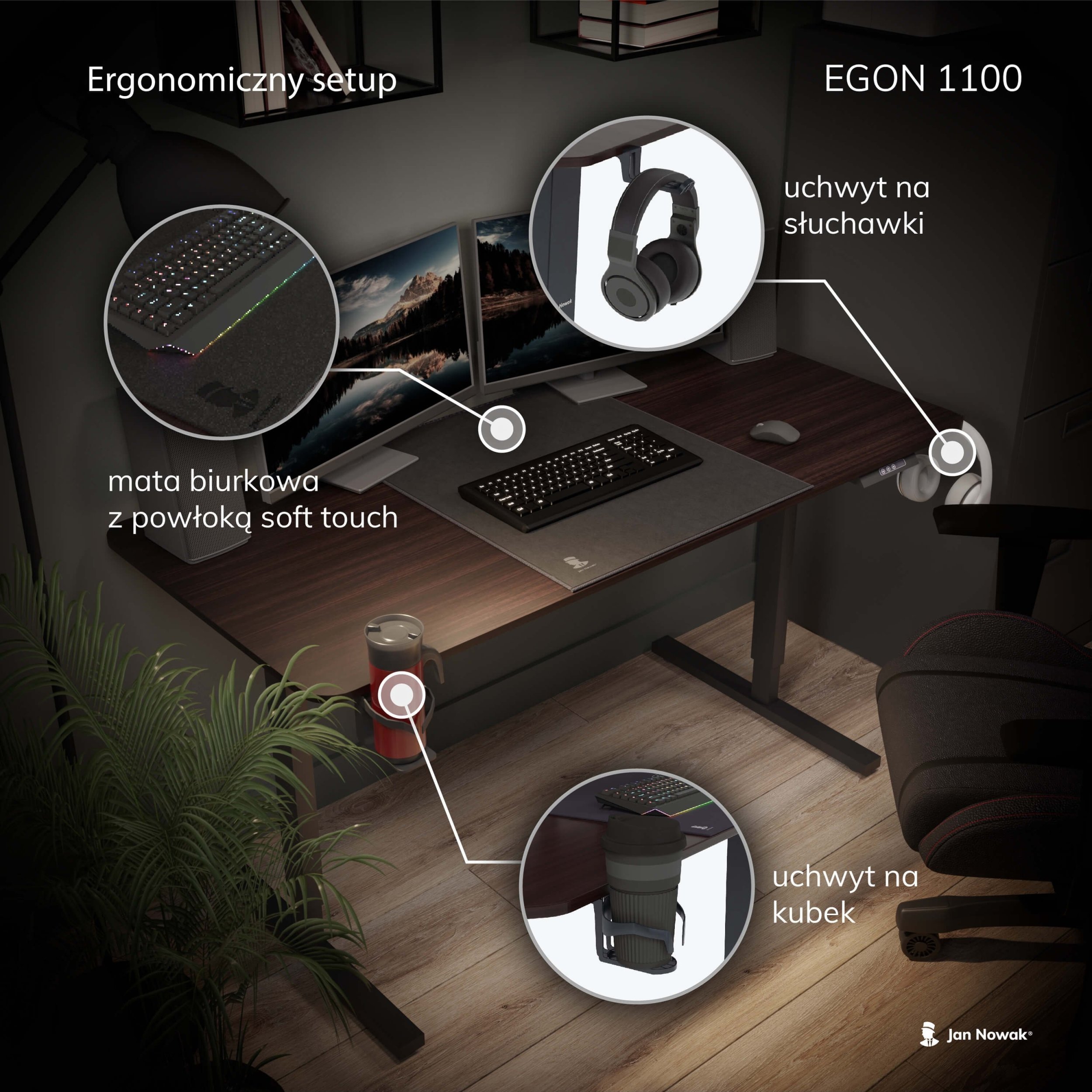 Tavolinë gaming Jan Nowak Egon 1100, rregullim elektrik lartësie, 110 cm, ngjyrë arre