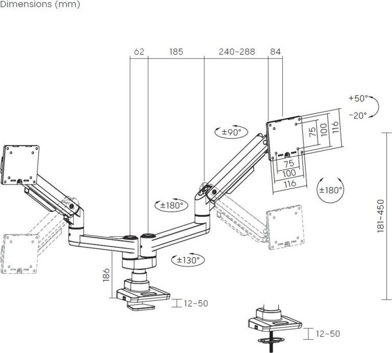 Носач за маса за монитори LevelOne Equip 650183, 17-35", два монитори, бел