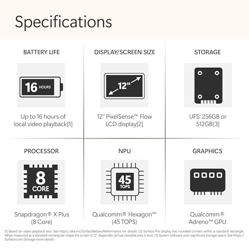 Tablet Microsoft Surface Pro Copilot Plus PC, 12" Touchscreen, Snapdragon X Plus, 16GB RAM, 512GB, Platinum