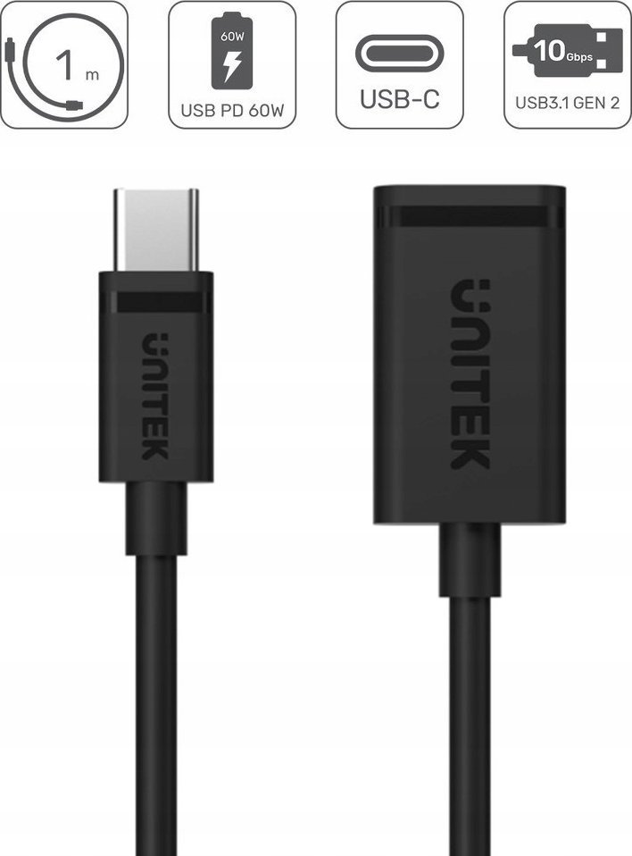 Kabllo USB Unitek C476BK, USB C në USB A, 1 m, 60 W, i zi