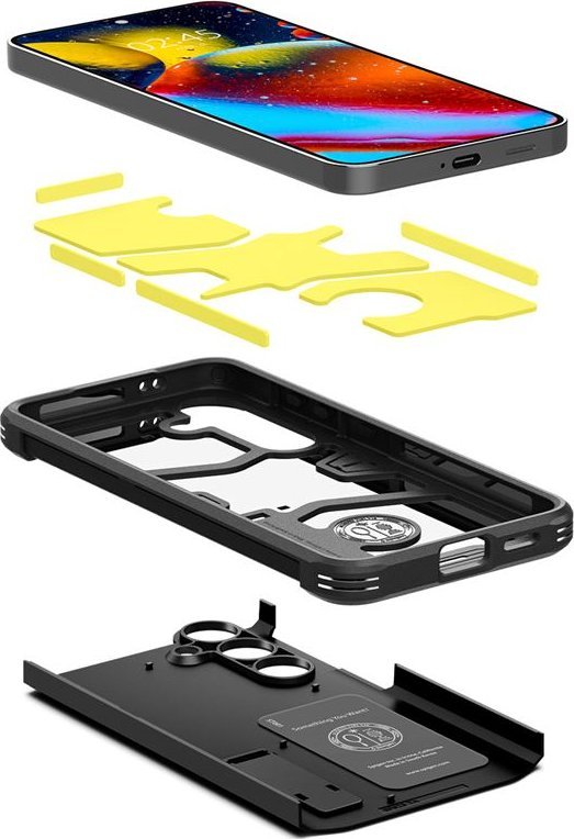 Mbulesë telefoni Spigen Tough Armor për Samsung Galaxy S24, me këmbë mbajtëse, kompatibile me karikim wireless, e zezë