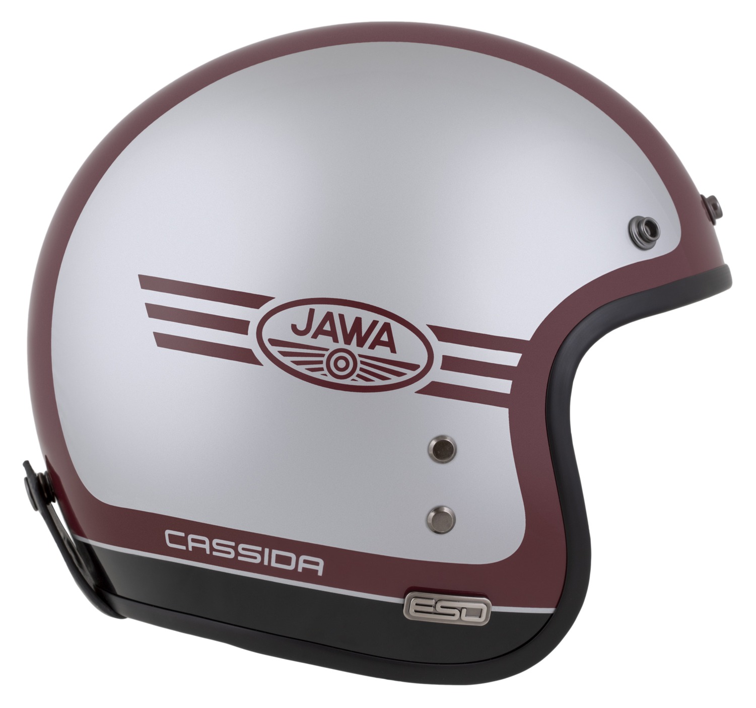 Helmetë moto CASSIDA ESO Jawa Panel 2026, e hapur neo retro, fiberglass, e kuqe argjendtë e zezë