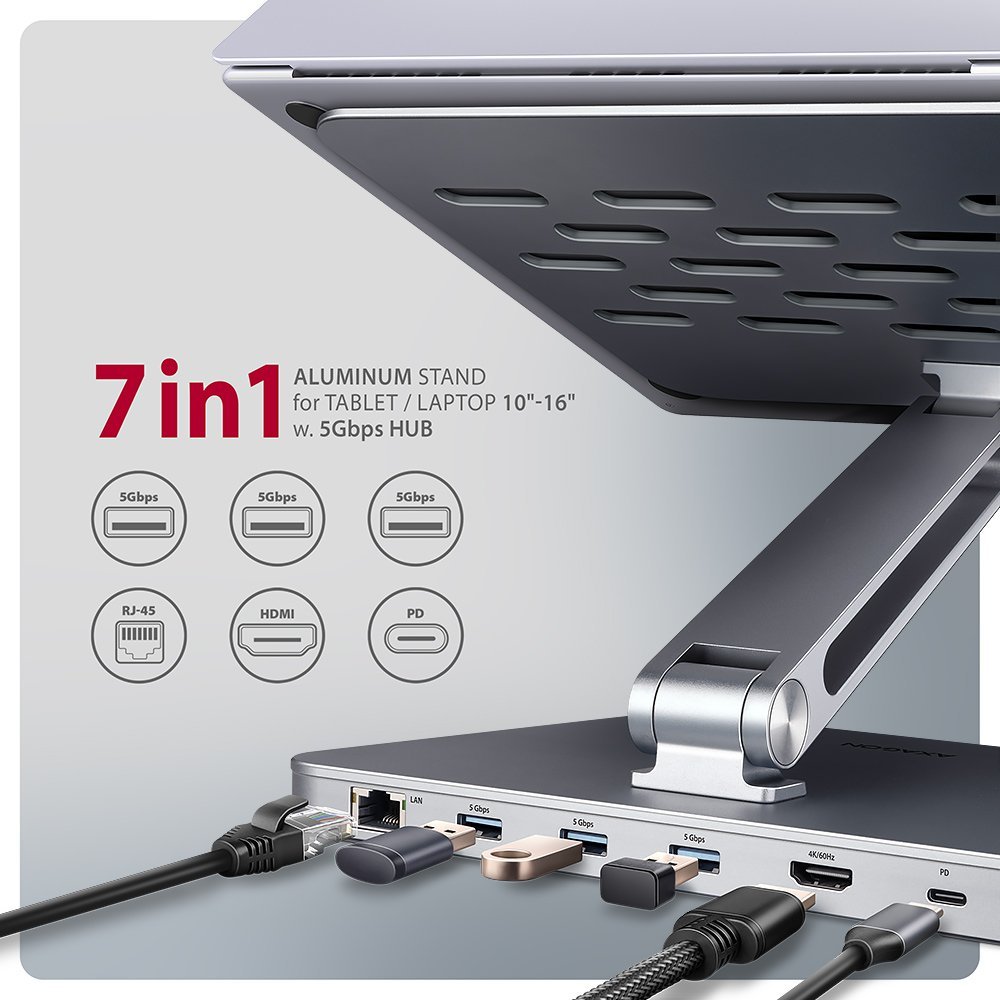 Stativ laptopi me hub USB-C AXAGON HMC-STND, 10"-16", 4K, gri