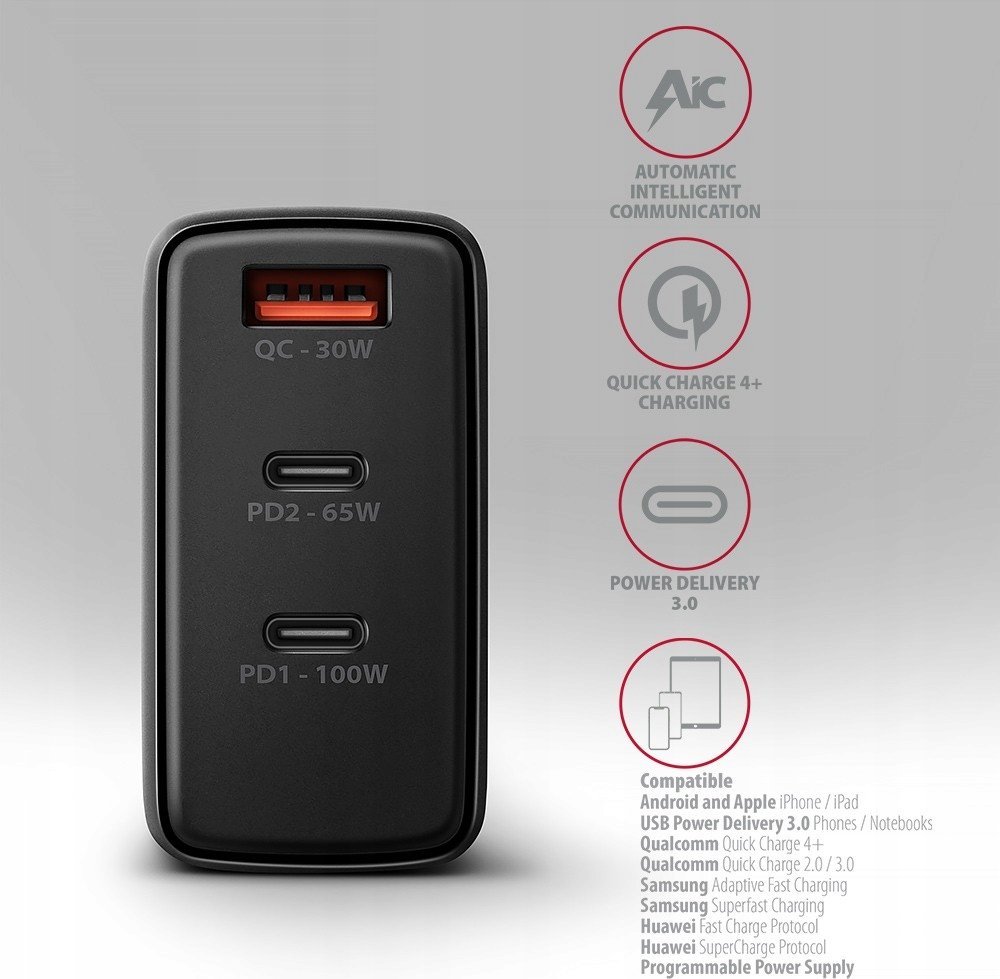 Karikues Axagon ACU-DPQ100, GaN 100W, 3 porta USB, i zi