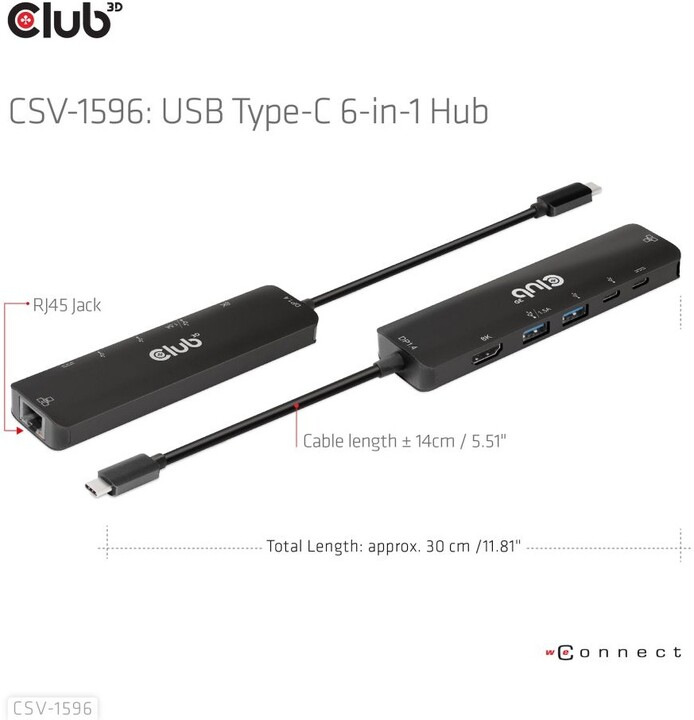 Kabllo Hub Club3D USB-C, 6në1 Hub me HDMI 8K30Hz, 2xUSB Type-A, RJ45 dhe 2xUSB Type-C