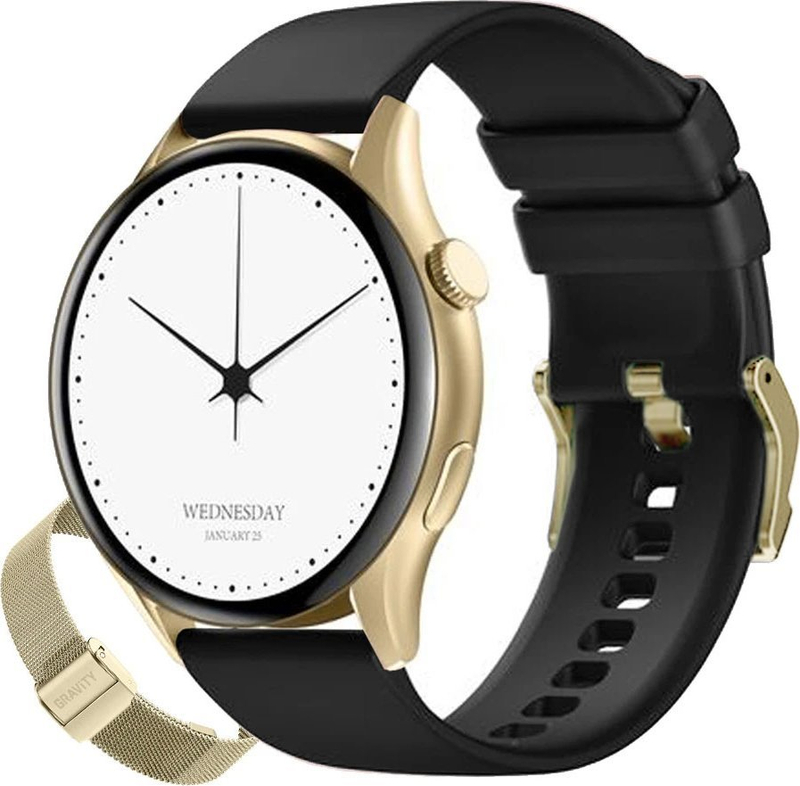 Smartwatch Gravity GT11 1, rrip metalik, me byzylyk shtesë, ngjyrë ari