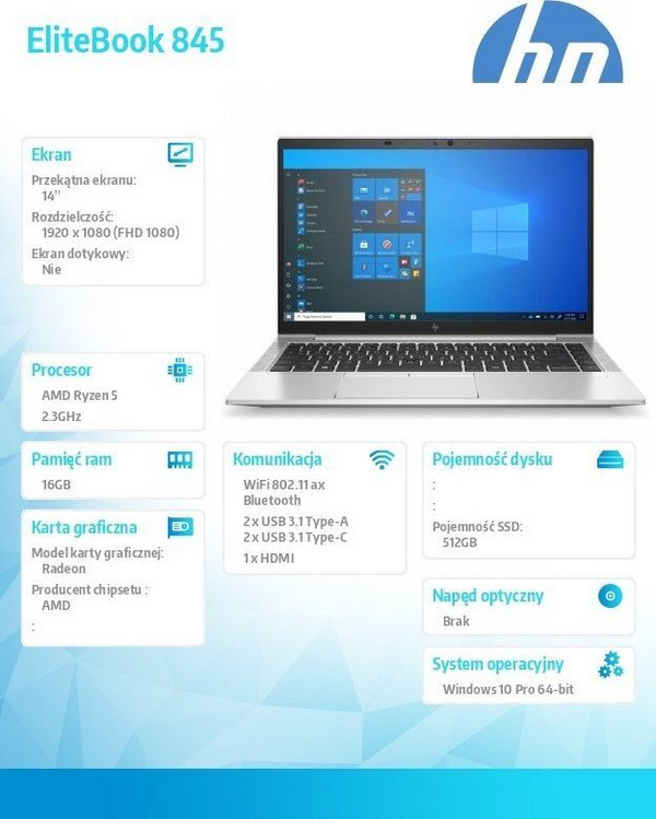 Laptop HP EliteBook 845 G8 (3G2P8EA), 14 ", AMD Ryzen 5 5600U, 16 GB RAM, SSD 64, i argjendtë