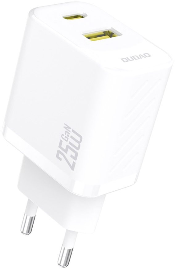 Karikues USB Dudao A26TEU GaN, 25W, 2 porta USB A dhe USB C, i bardhë
