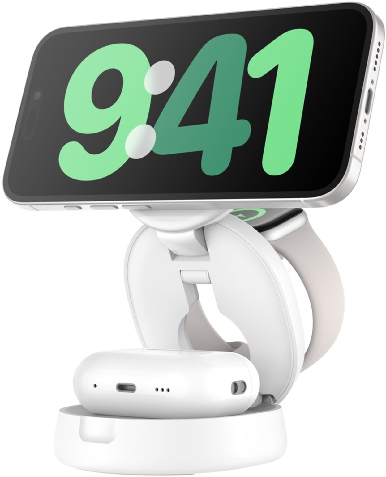 Stacion karikimi Belkin Foldable Magnetic 3 in 1, Qi2 dhe MagSafe, pa tela, i bardhë