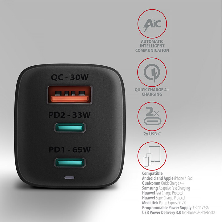 Karikues AXAGON GaN, USB-A, 2x USB-C, PD3.0/QC4+/PPS/Apple, 65W, i zi