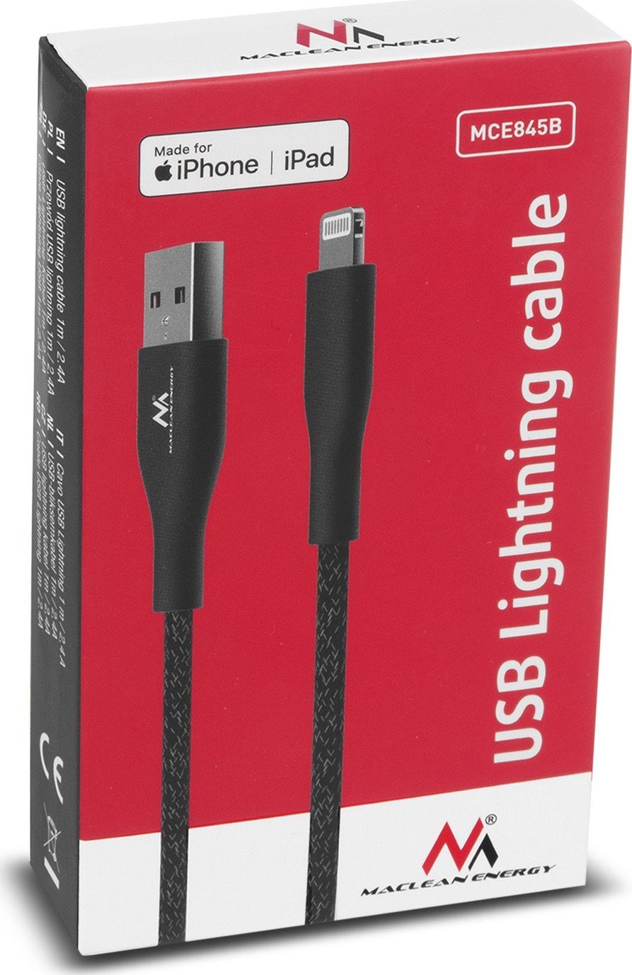 USB кабел Maclean MCE845B, USB A во Lightning, 1 m, црна