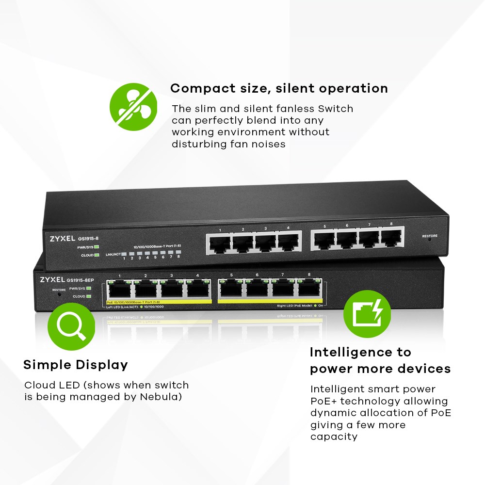 Switch i menaxhuar Zyxel GS1915-8EP, 8 porta Gigabit, PoE, gri