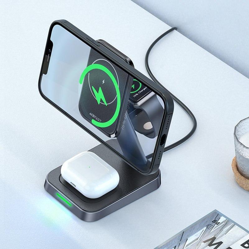 Безжичен полнач за маса Acefast E3, 3 во 1, брзо полнење, црн